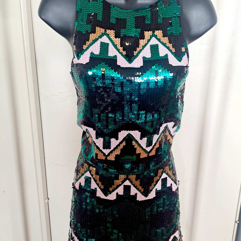Sequin Geometric Skirt Set - Green and Black